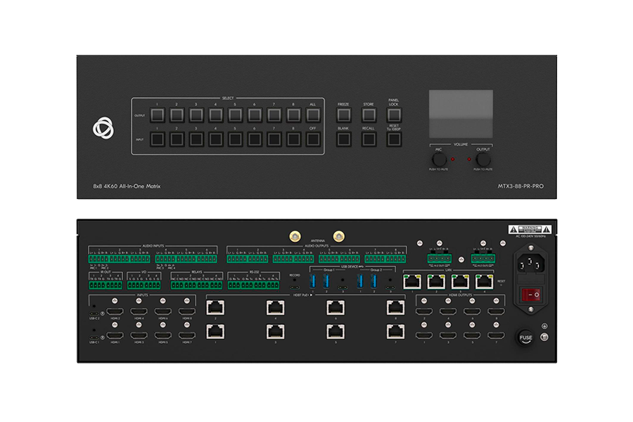 Матричный коммутатор Kramer Electronics [MTX3-88-PR-PRO] 8x8 USB-C+HDMI с масштабируемыми выходами HDBaseT+HDMI, эмбедированием/деэмбедированием звука и независимой коммутацией эмбедированного звука, встроенным двухзонным аудио усилителем и энкодером H26